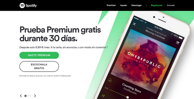 Landing page of Spotify